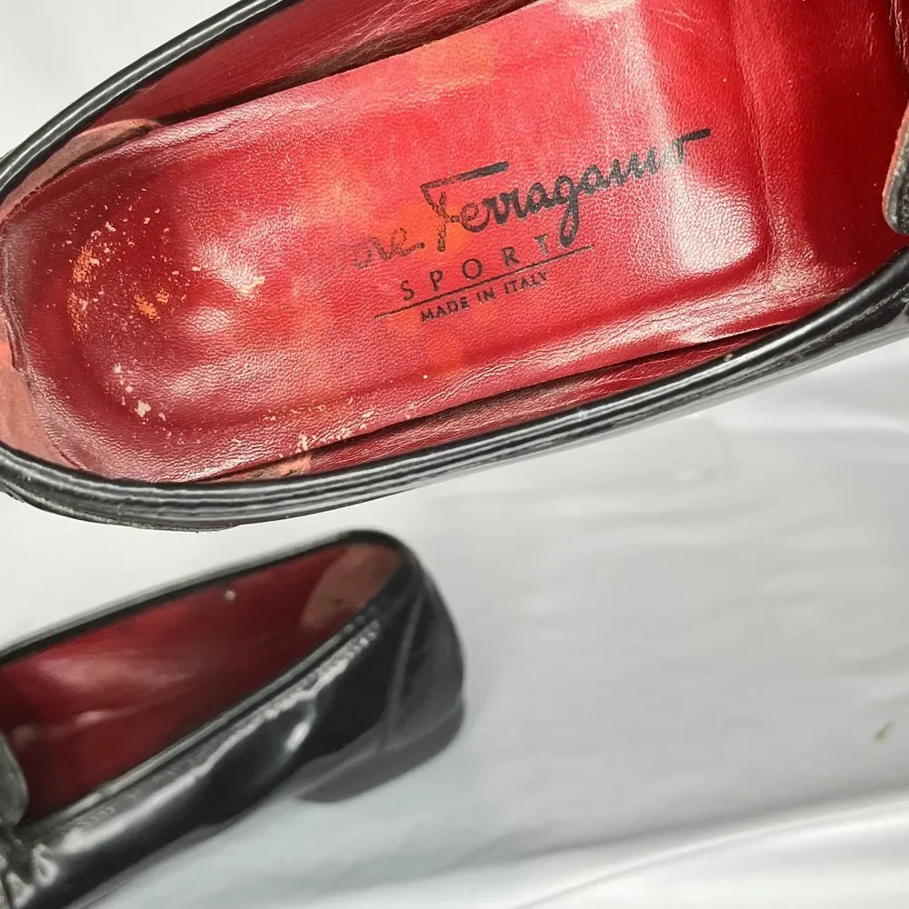 Salvatore Ferragamo‎ Loafers Mens 8.5 Black Patent Leather Sport Gold Hardware